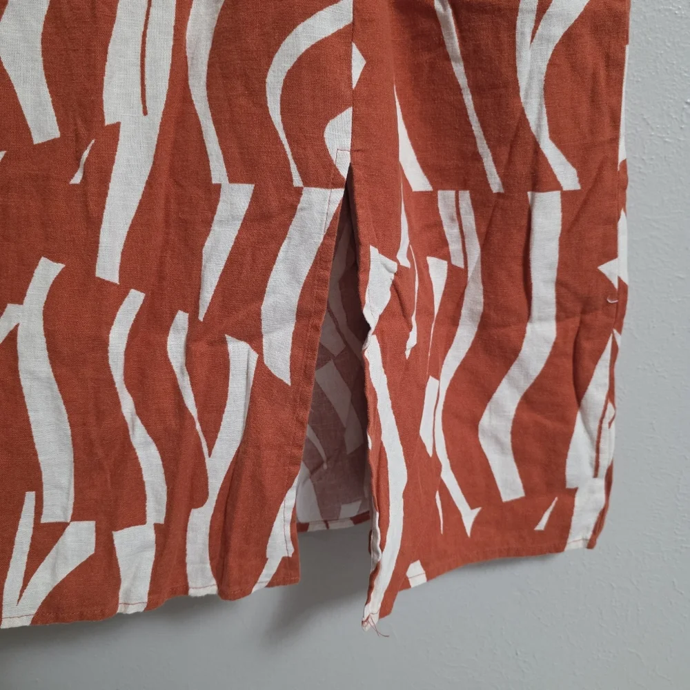 Ava & Viv Linen Blend Abstract Rust Ruffle Midi Dress Smocked Back Rayon Cruise - Picture 5 of 11